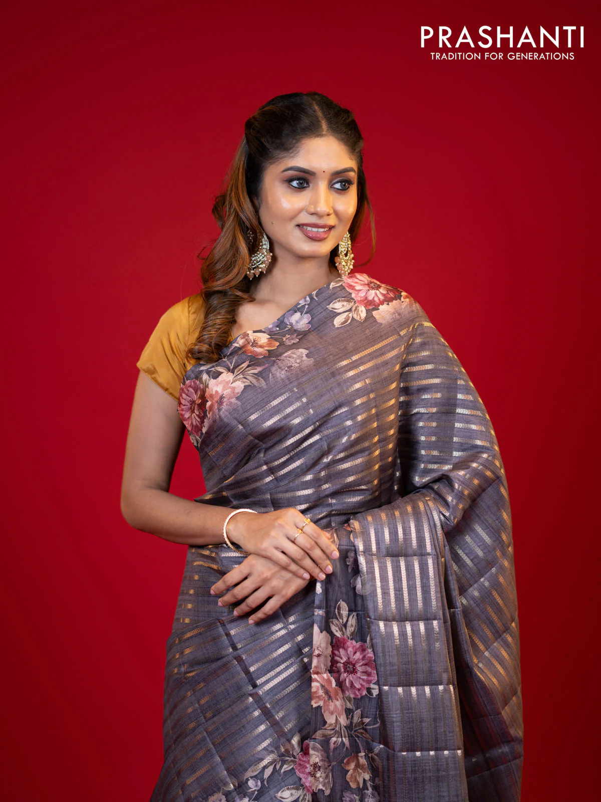Semi tussar saree grey shade with allover zari woven stripes pattern and floral printed border - Image 2