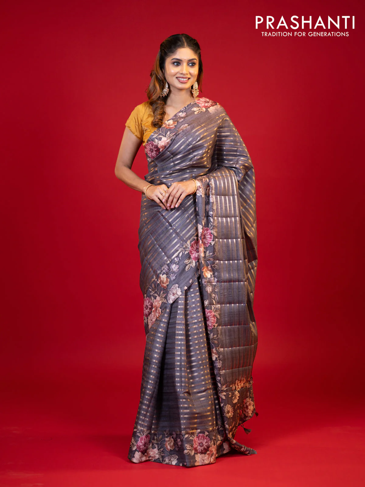Semi tussar saree grey shade with allover zari woven stripes pattern and floral printed border - Image 3