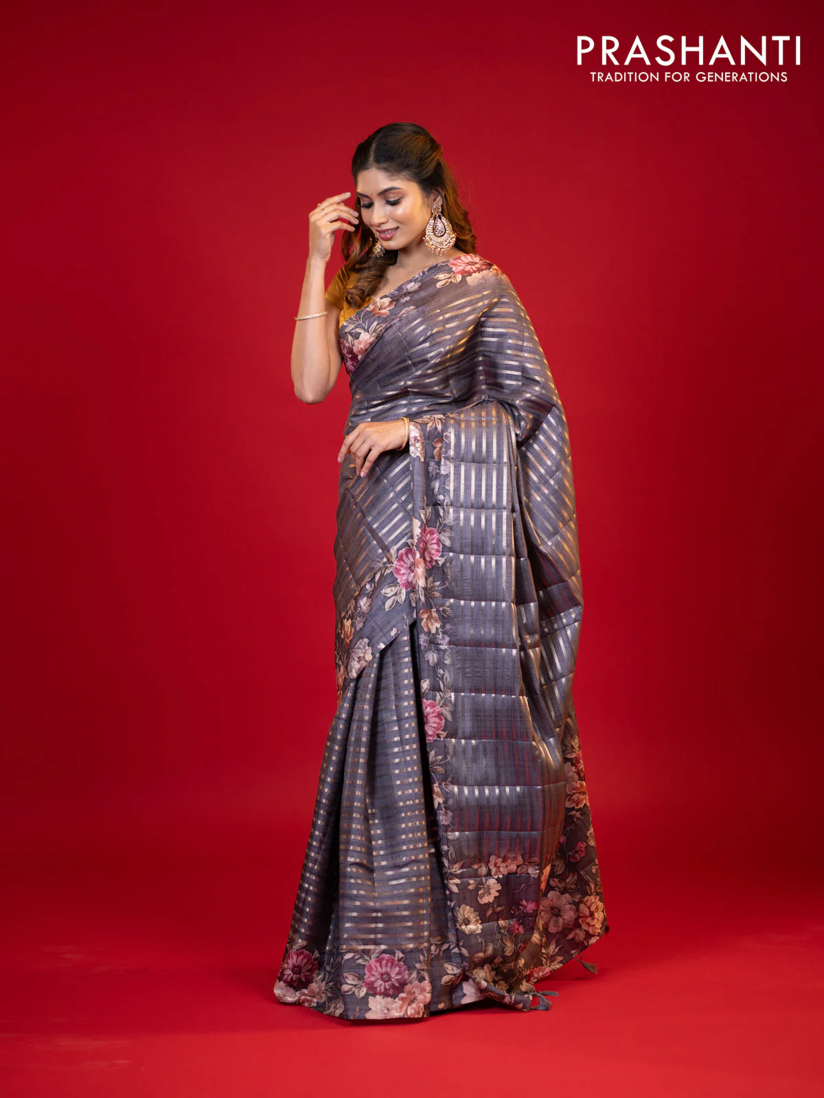 Semi tussar saree grey shade with allover zari woven stripes pattern and floral printed border - Image 4