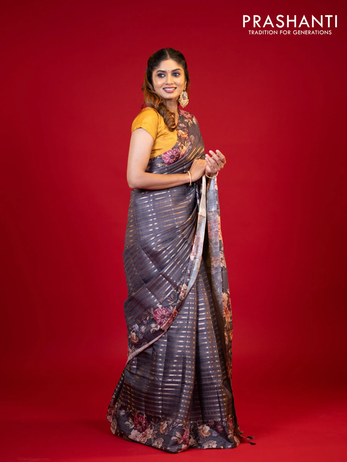 Semi tussar saree grey shade with allover zari woven stripes pattern and floral printed border - Image 5
