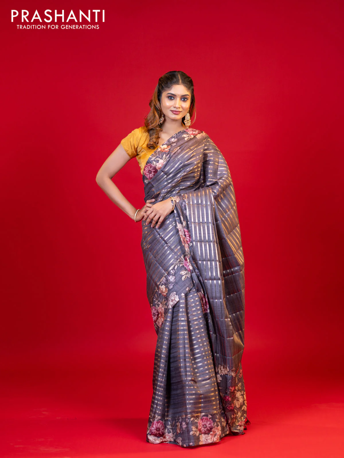 Semi tussar saree grey shade with allover zari woven stripes pattern and floral printed border - Image 6