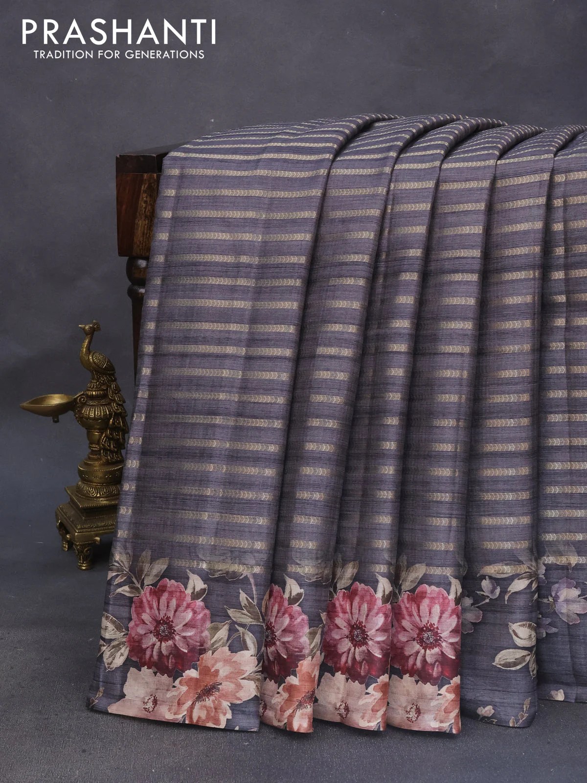 Semi tussar saree grey shade with allover zari woven stripes pattern and floral printed border - Image 7