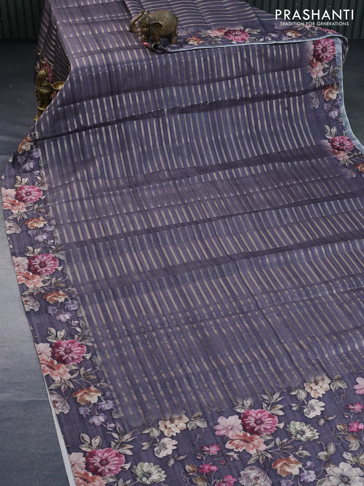 Semi tussar saree grey shade with allover zari woven stripes pattern and floral printed border - Image 8