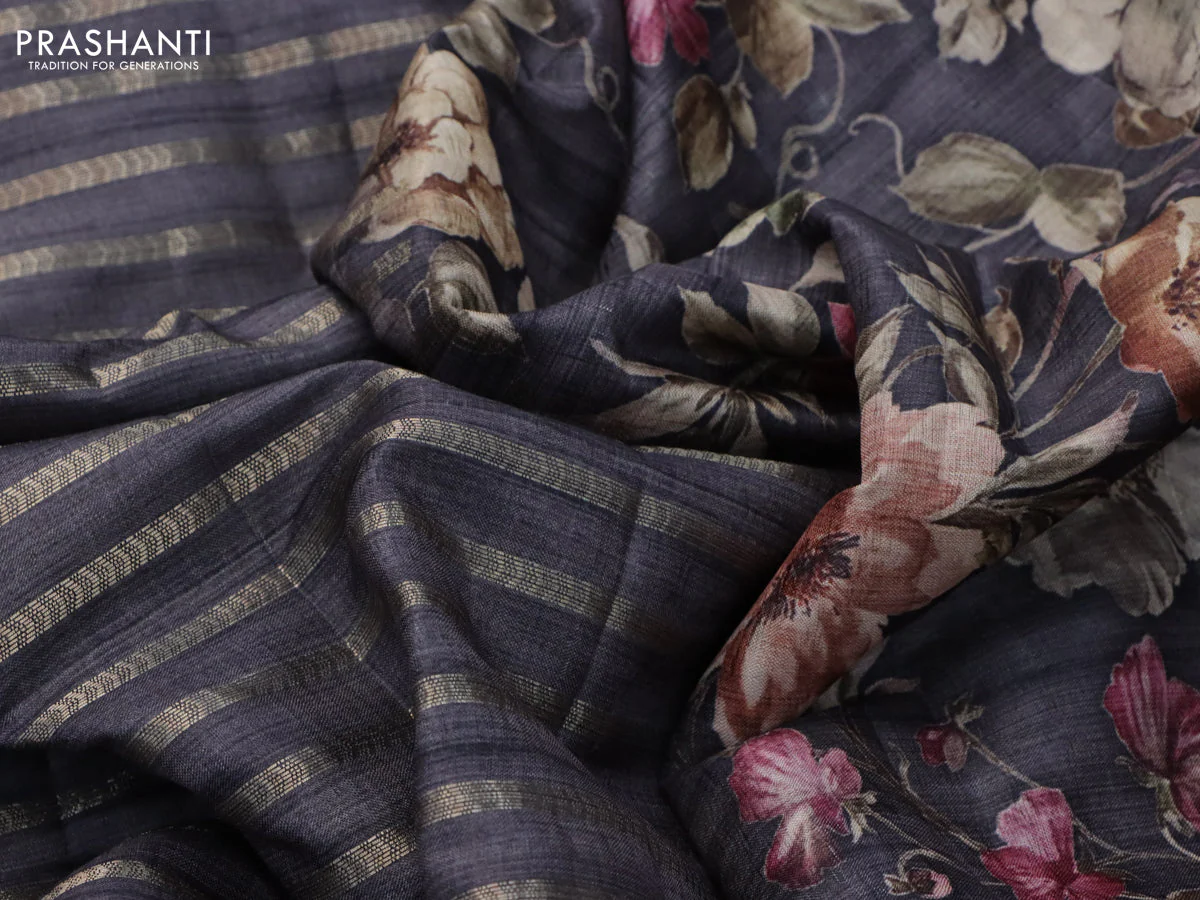 Semi tussar saree grey shade with allover zari woven stripes pattern and floral printed border - Image 9