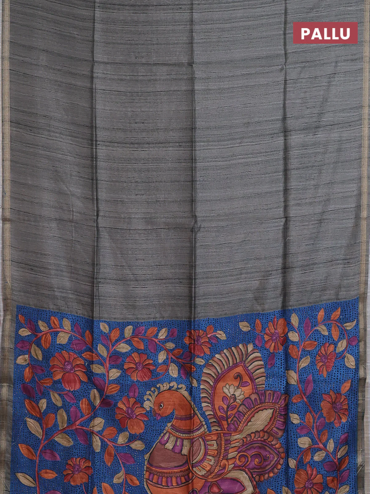 Semi tussar saree grey shade with bandhani butta prints and kalamkari prints & cut work pallu - Image 3