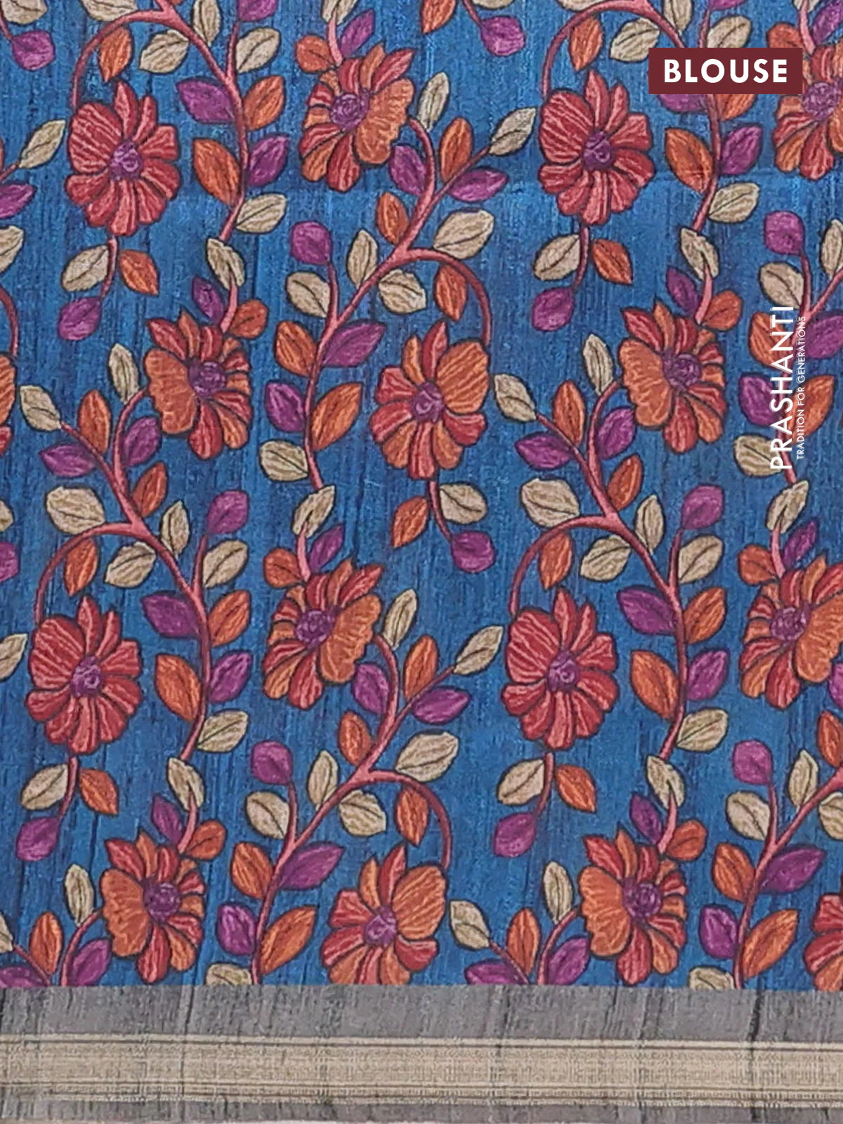 Semi tussar saree grey shade with bandhani butta prints and kalamkari prints & cut work pallu - Image 4