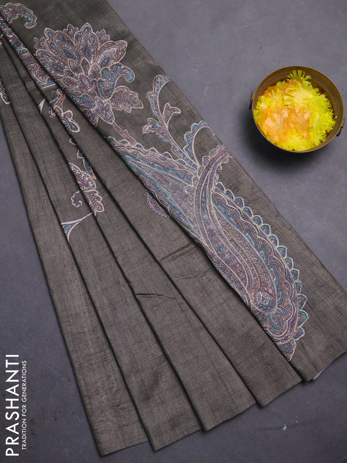 Semi tussar saree grey shade with embroidery work