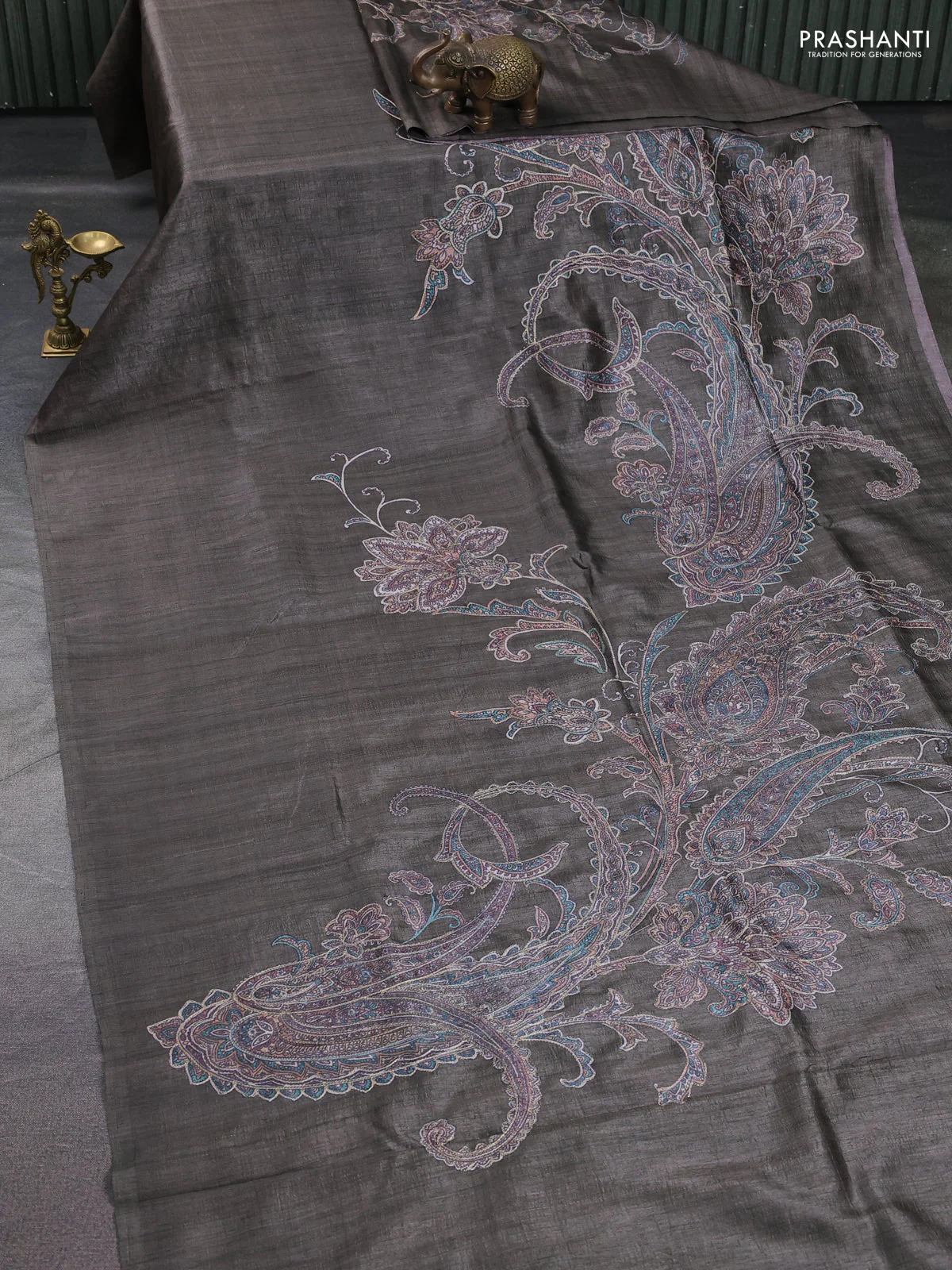 Semi tussar saree grey shade with embroidery work - Image 2