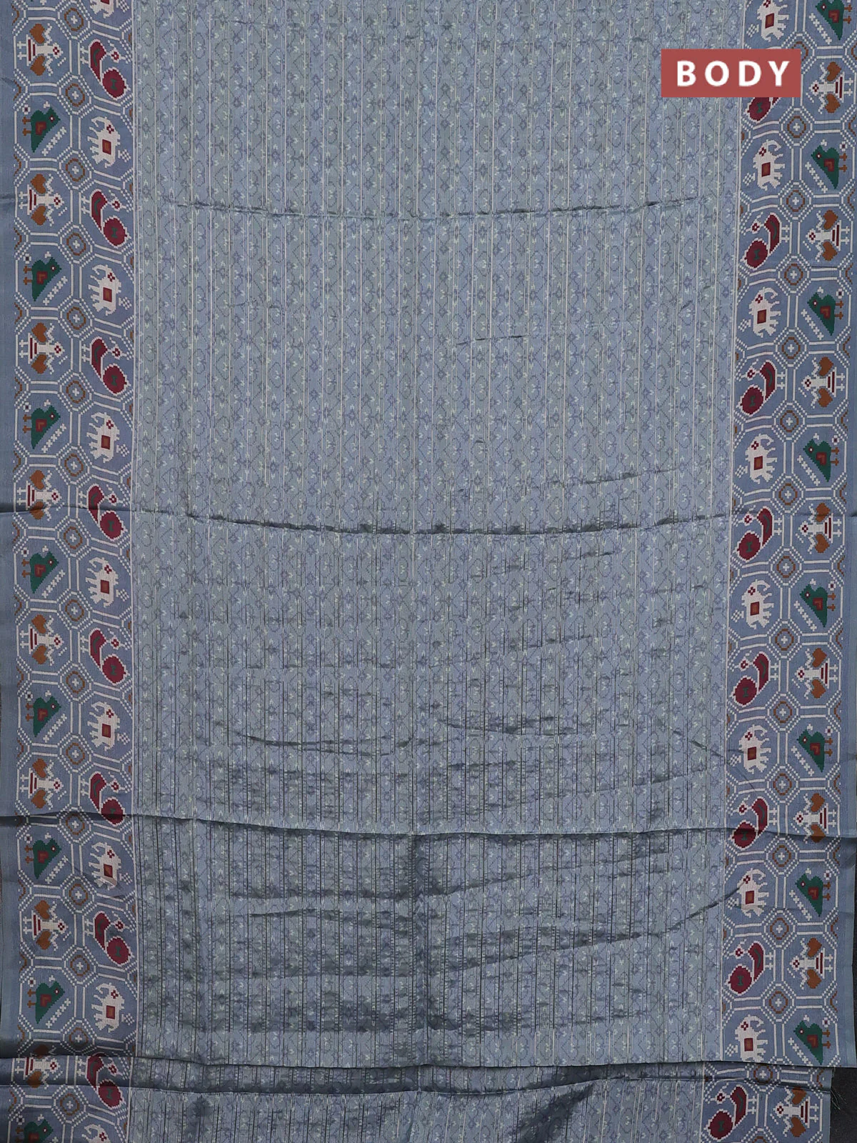 Semi tussar saree grey shade with zari stripes pattern and patola printed border - Image 2