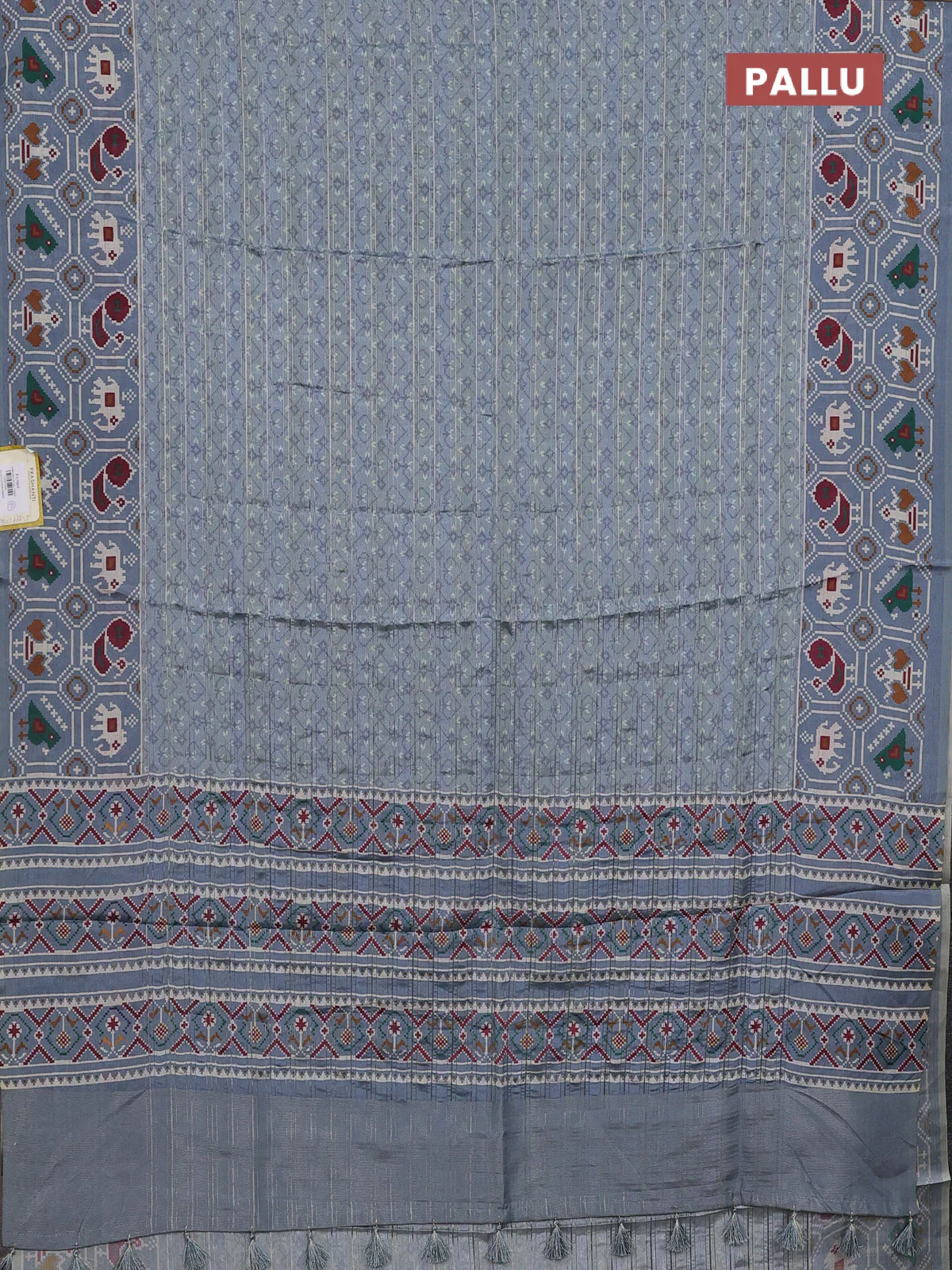 Semi tussar saree grey shade with zari stripes pattern and patola printed border - Image 3