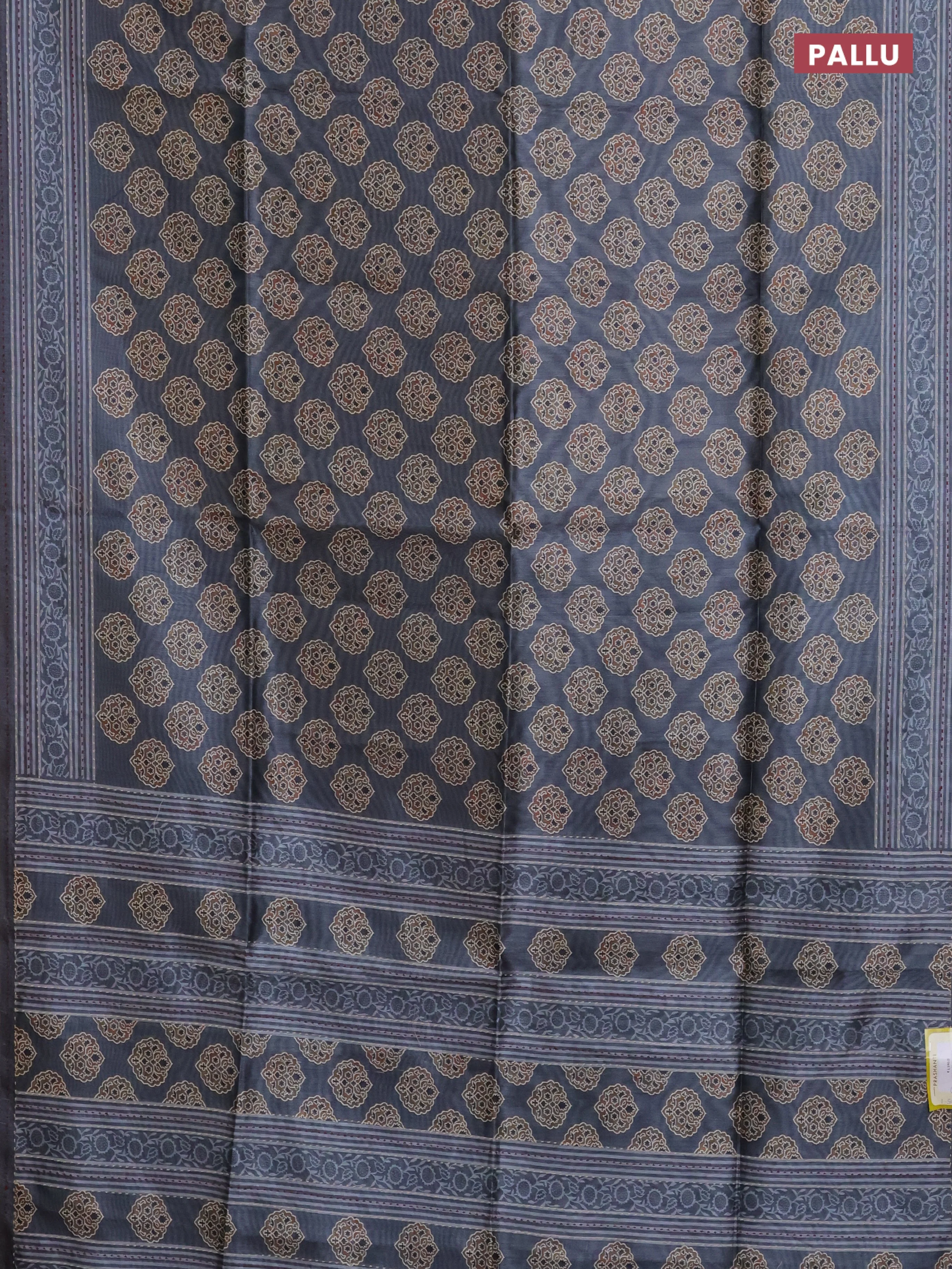 Semi tussar saree grey with allover ajrakh butta prints and katha stitch work pallu & border - Image 3