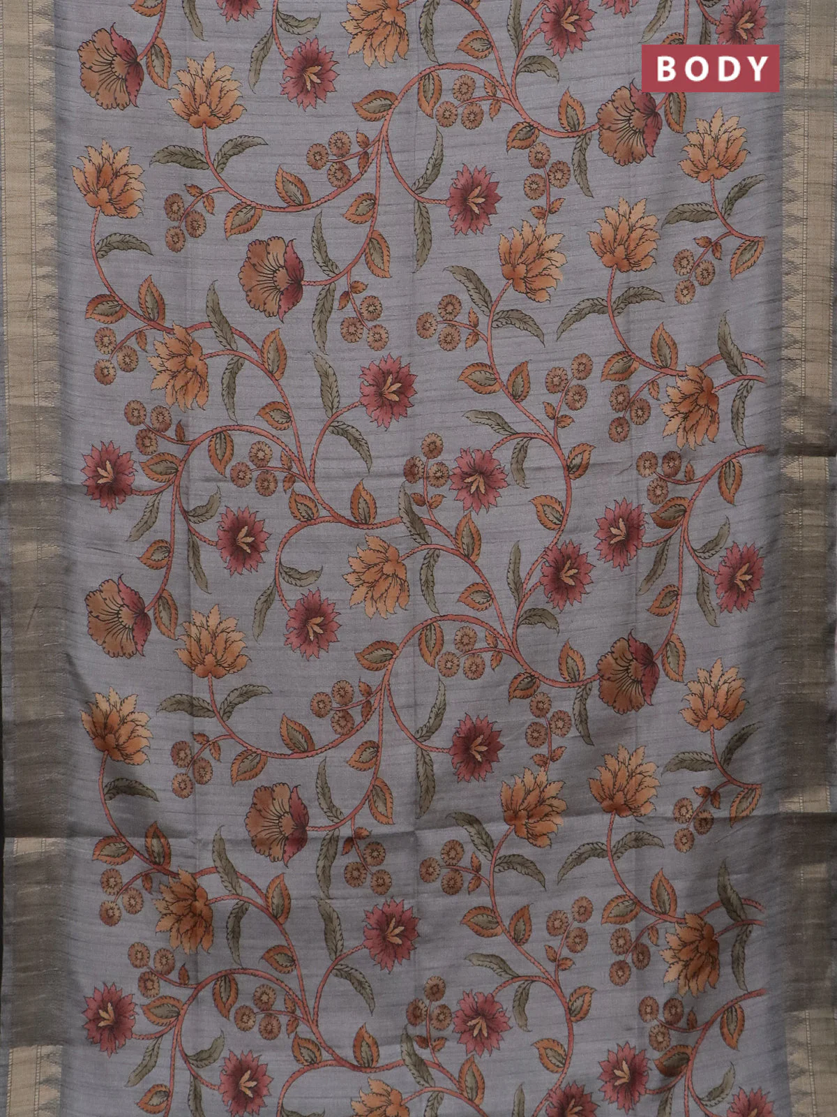Semi tussar saree grey with allover floral prints and zari woven border - Image 2