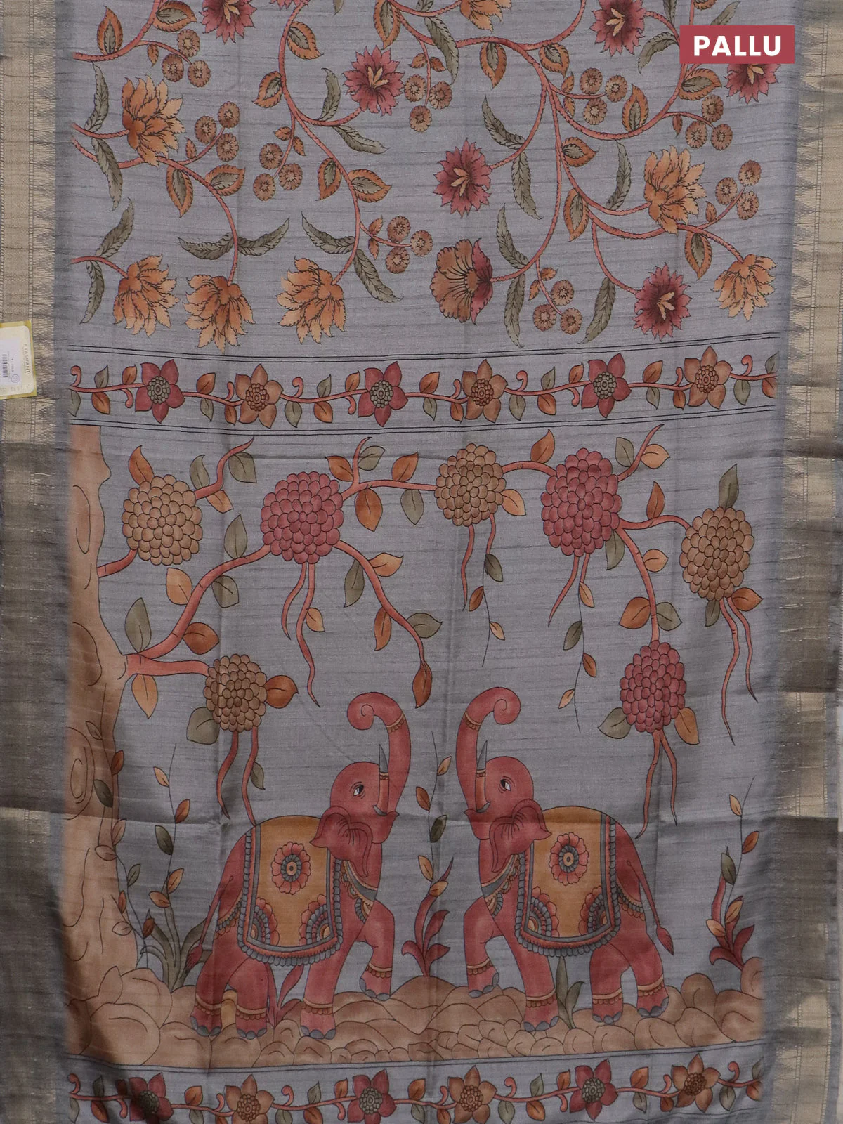 Semi tussar saree grey with allover floral prints and zari woven border - Image 3