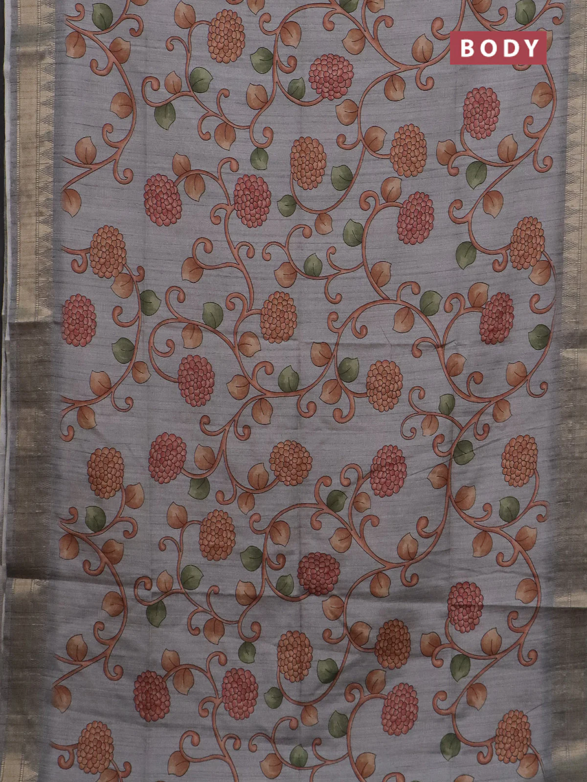 Semi tussar saree grey with allover floral prints and zari woven border - Image 2