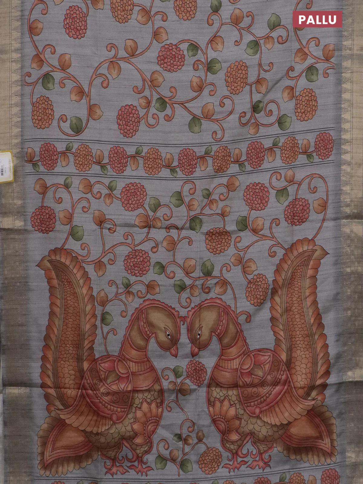 Semi tussar saree grey with allover floral prints and zari woven border - Image 3