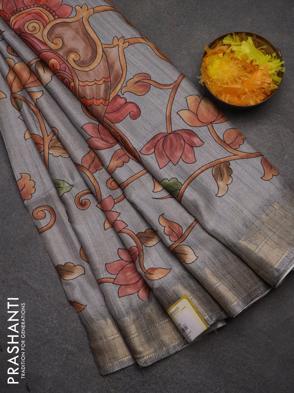 Semi tussar saree grey with allover floral prints and zari woven border