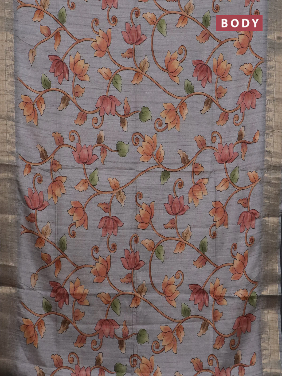 Semi tussar saree grey with allover floral prints and zari woven border - Image 2