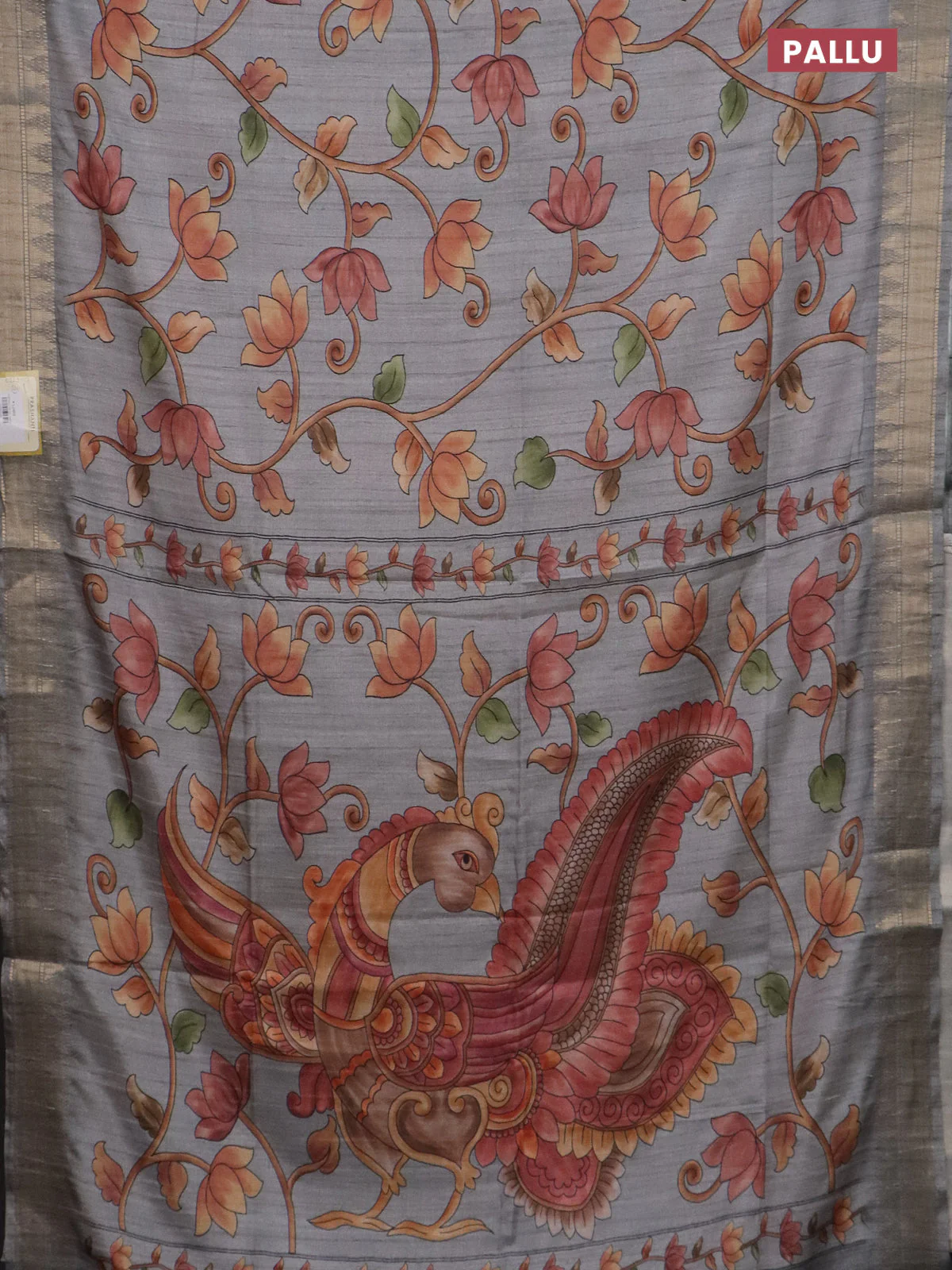 Semi tussar saree grey with allover floral prints and zari woven border - Image 3