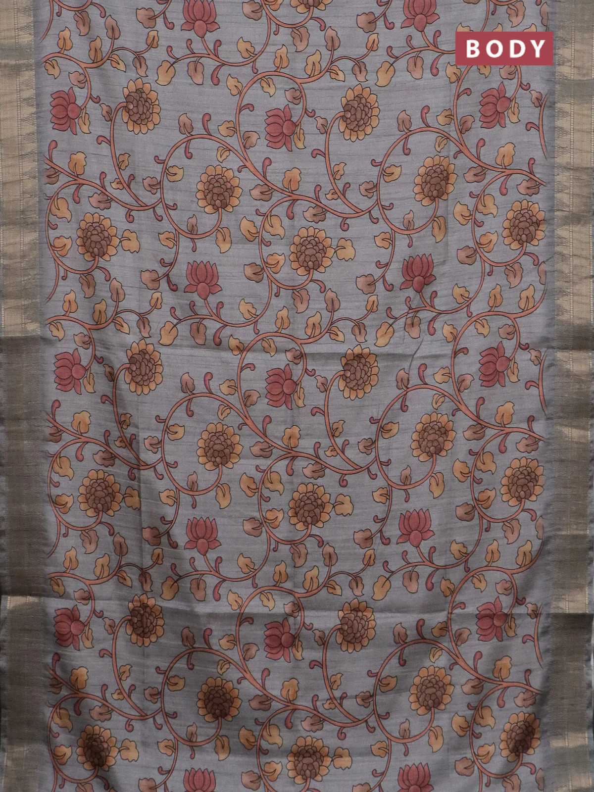 Semi tussar saree grey with allover floral prints and zari woven border - Image 2