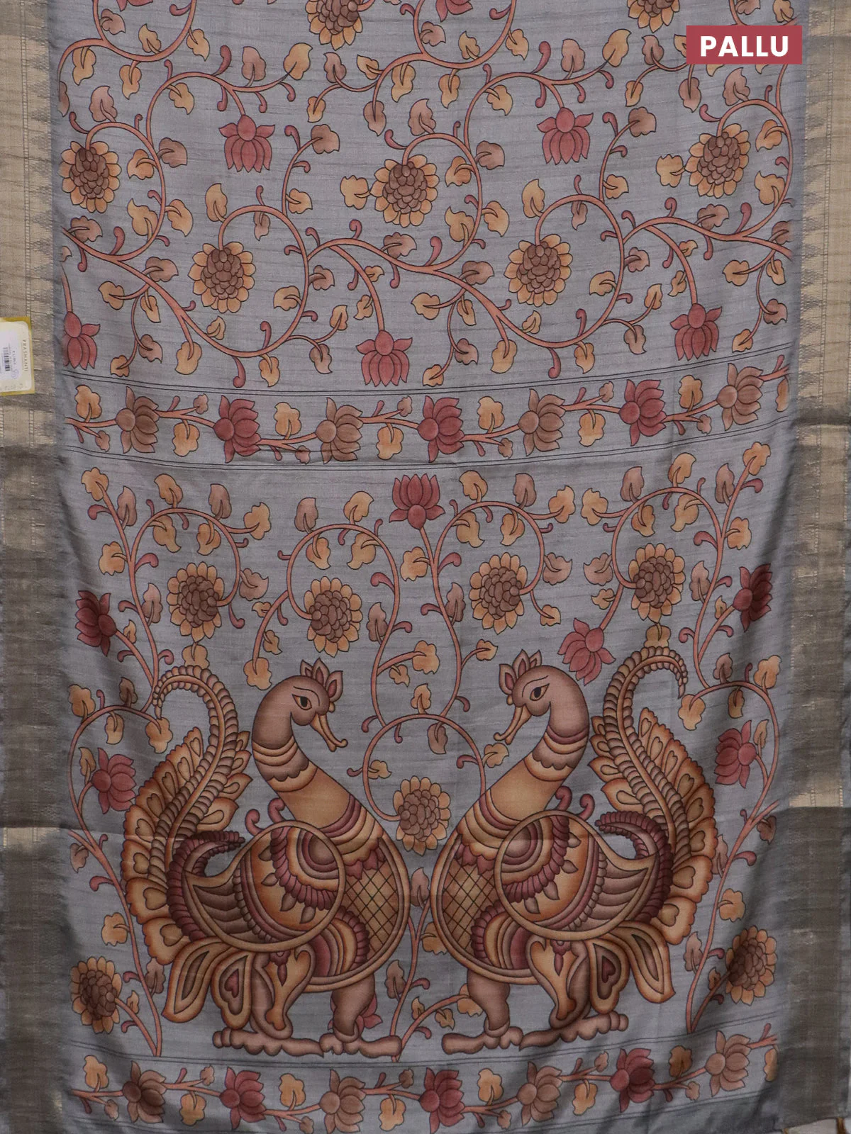 Semi tussar saree grey with allover floral prints and zari woven border - Image 3