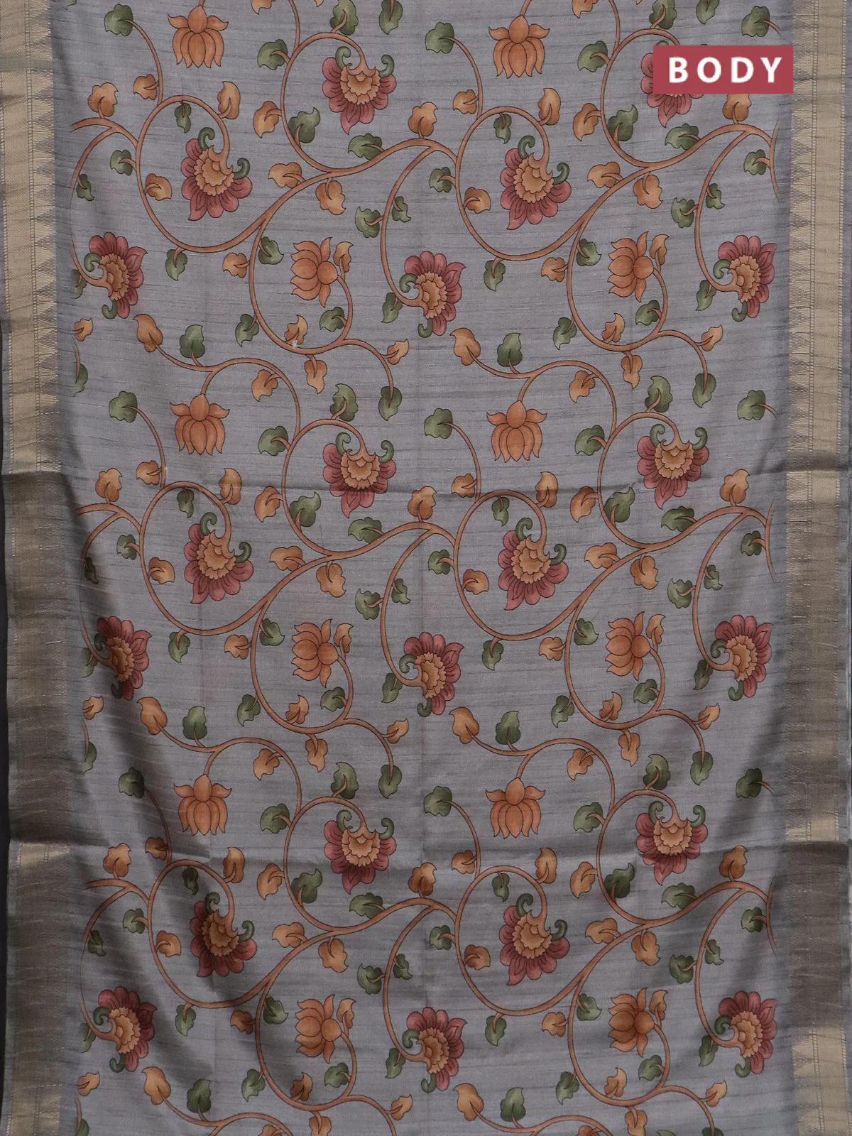 Semi tussar saree grey with allover floral prints and zari woven border - Image 2