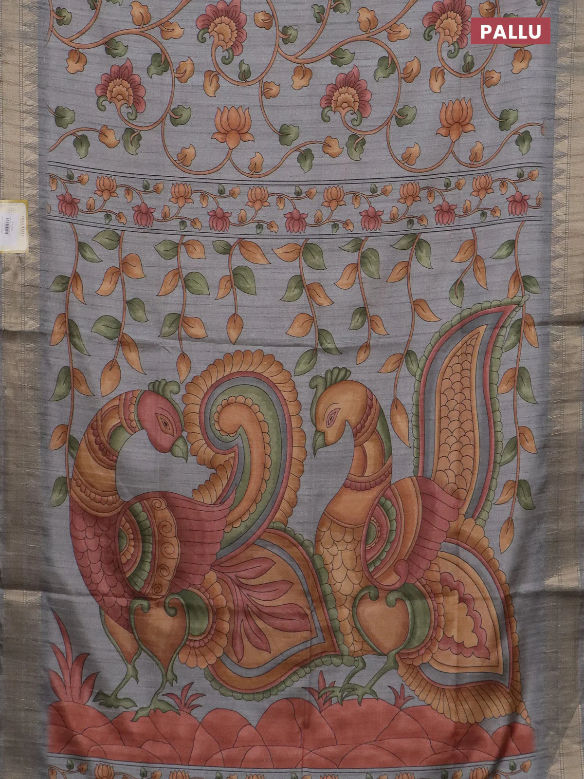 Semi tussar saree grey with allover floral prints and zari woven border - Image 3