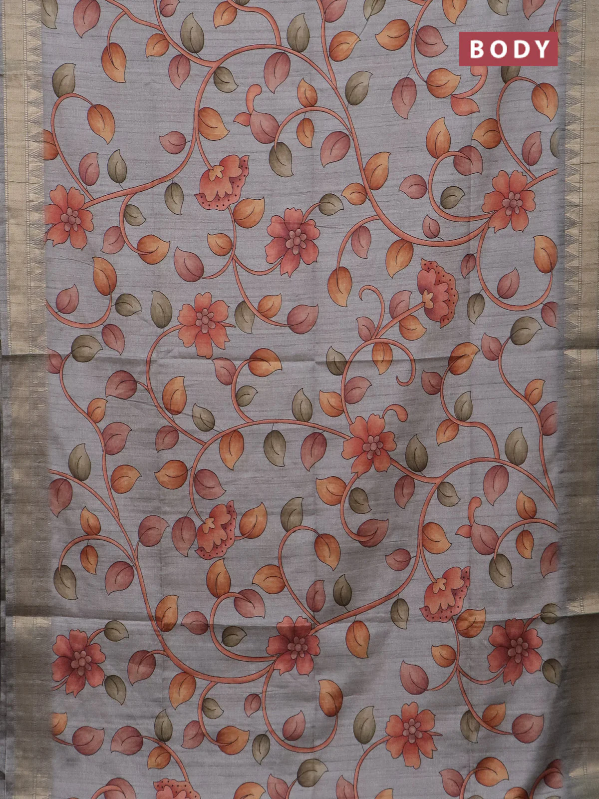 Semi tussar saree grey with allover floral prints and zari woven border - Image 2