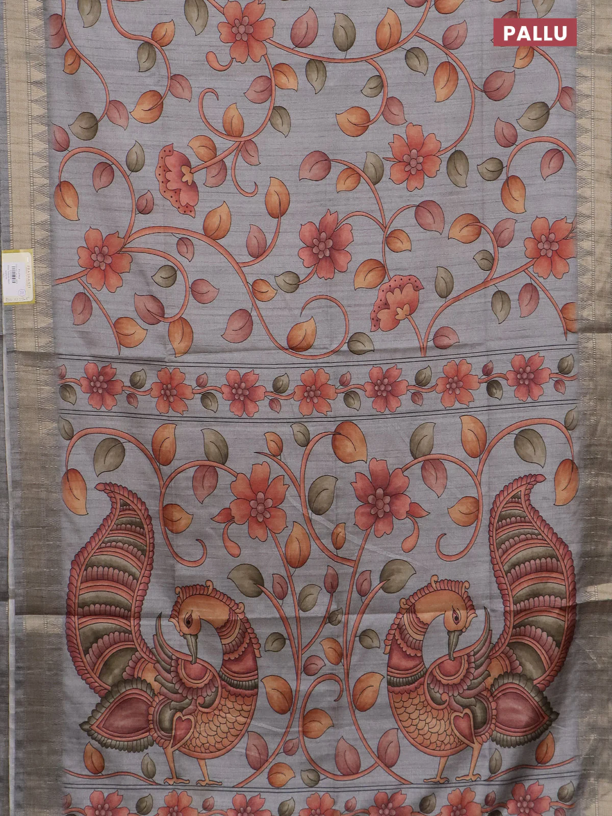 Semi tussar saree grey with allover floral prints and zari woven border - Image 3