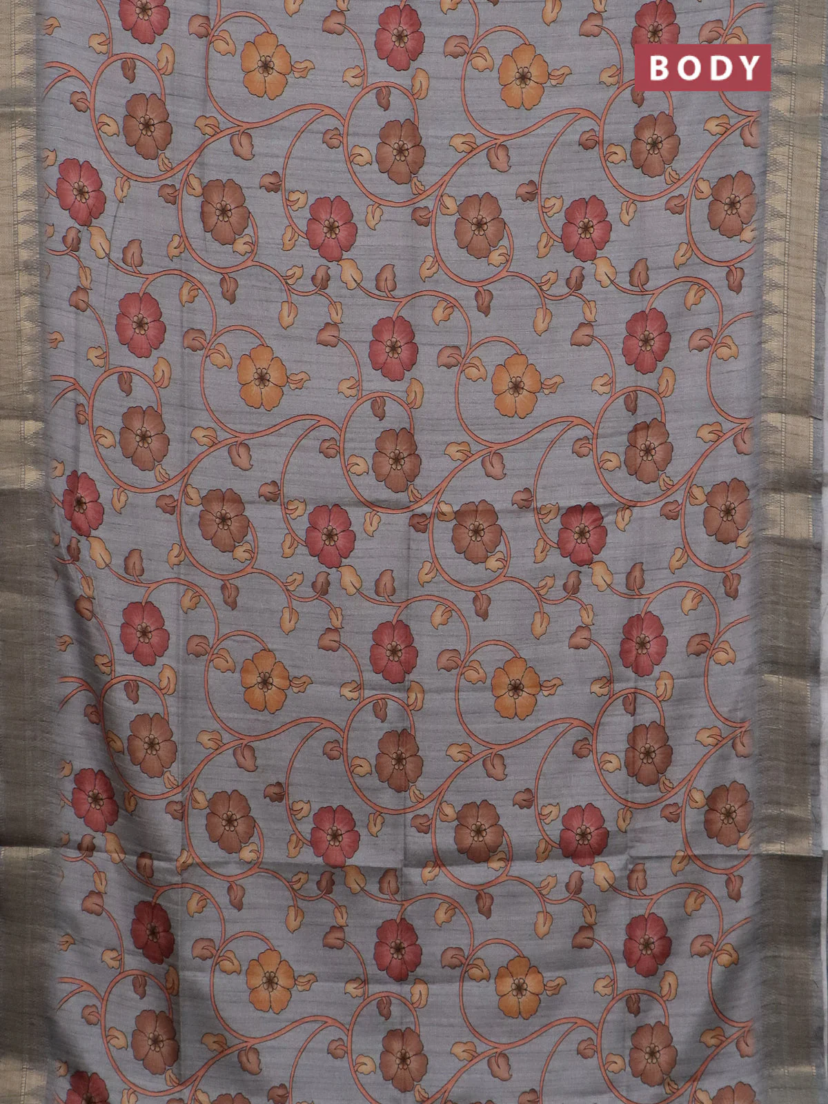 Semi tussar saree grey with allover floral prints and zari woven border - Image 2