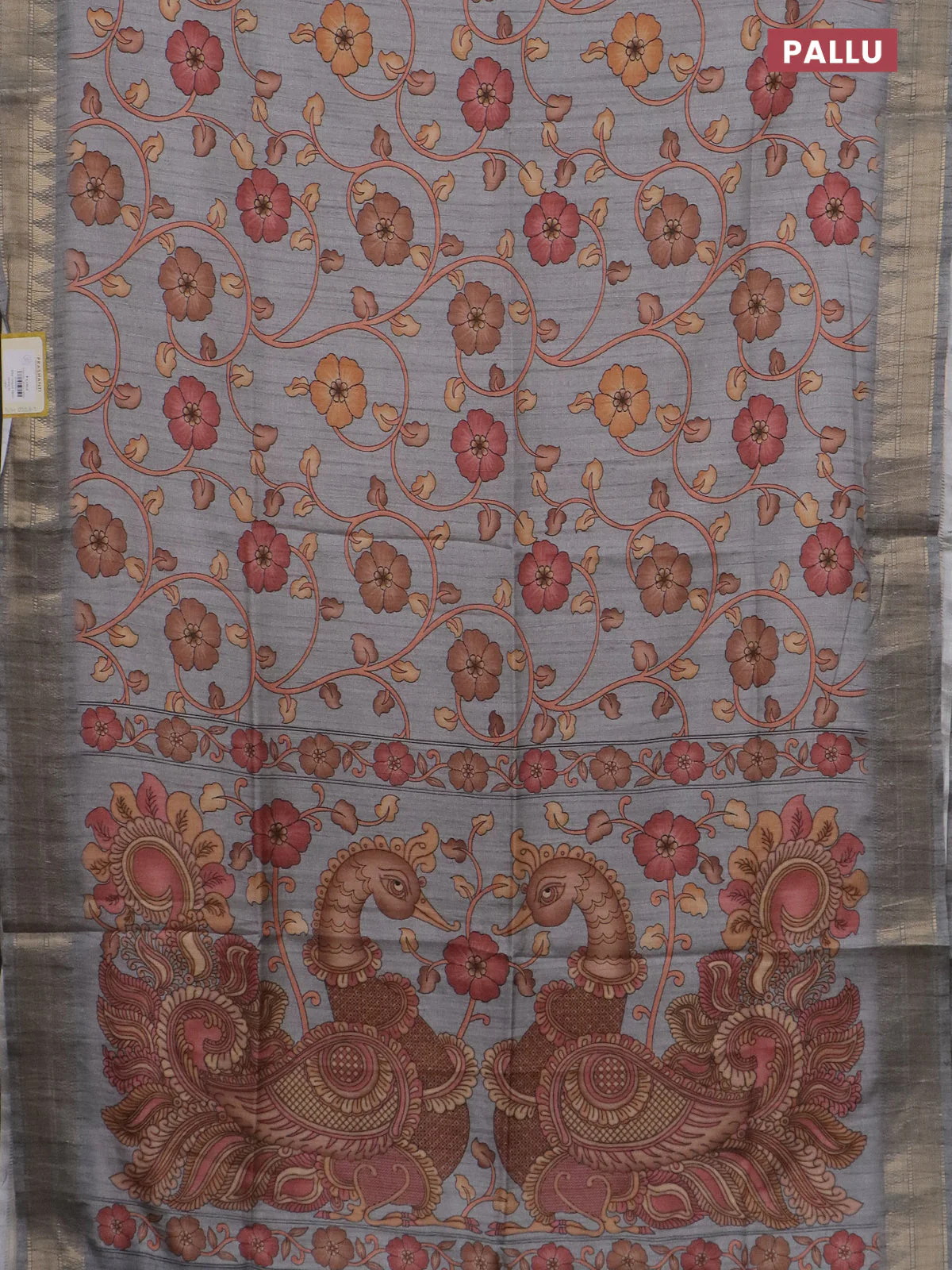 Semi tussar saree grey with allover floral prints and zari woven border - Image 3