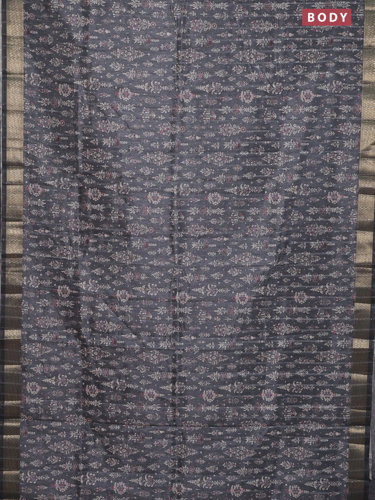Semi tussar saree grey with allover prints & sequin work and zari woven border - Image 2