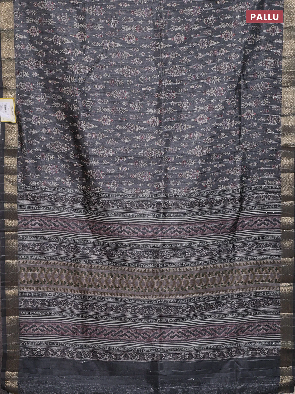 Semi tussar saree grey with allover prints & sequin work and zari woven border - Image 3
