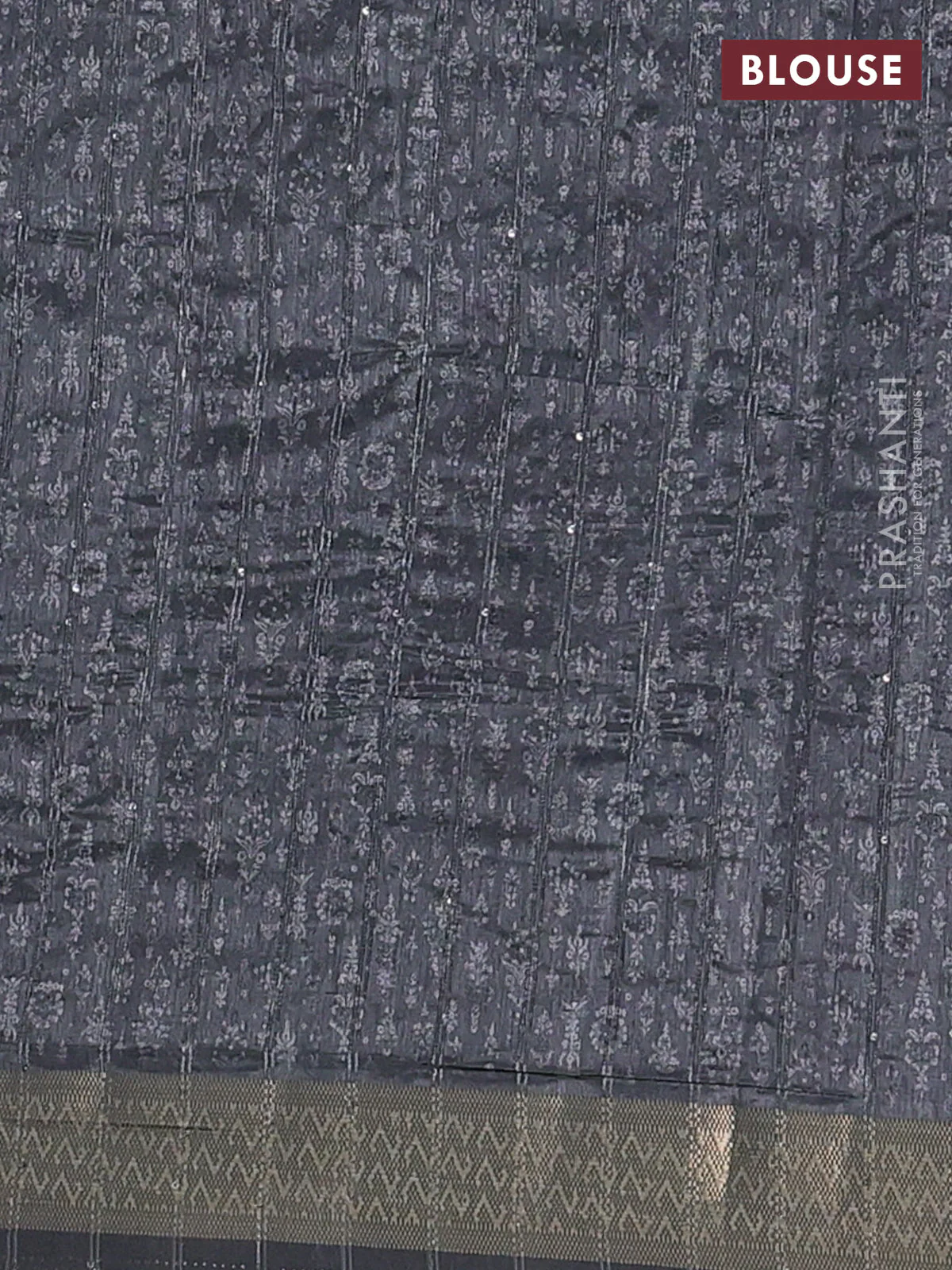 Semi tussar saree grey with allover prints & sequin work and zari woven border - Image 4