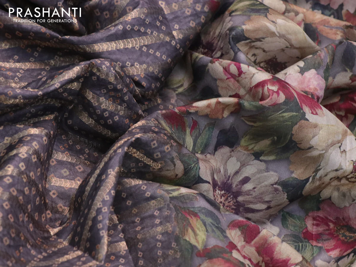 Semi tussar saree grey with allover zari woven veldhari design & bandhani prints and floral printed border - Image 3
