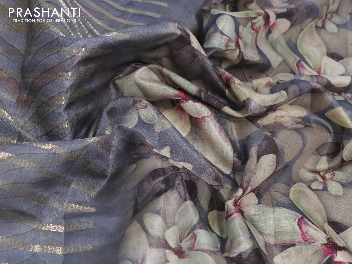 Semi tussar saree grey with allover zari woven veldhari design & prints and floral printed border - Image 3