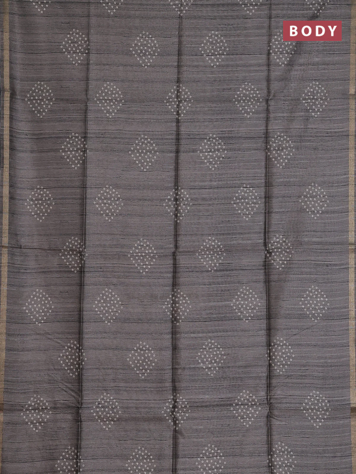 Semi tussar saree grey with bandhani butta prints and kalamkari prints & cut work pallu - Image 2