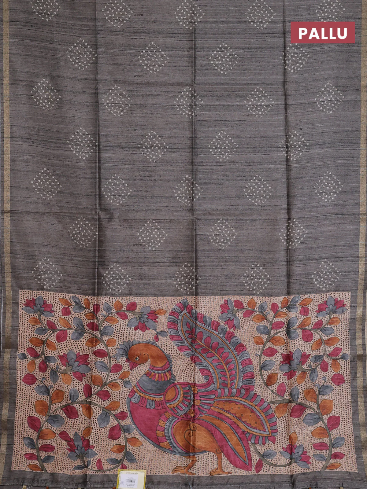 Semi tussar saree grey with bandhani butta prints and kalamkari prints & cut work pallu - Image 3
