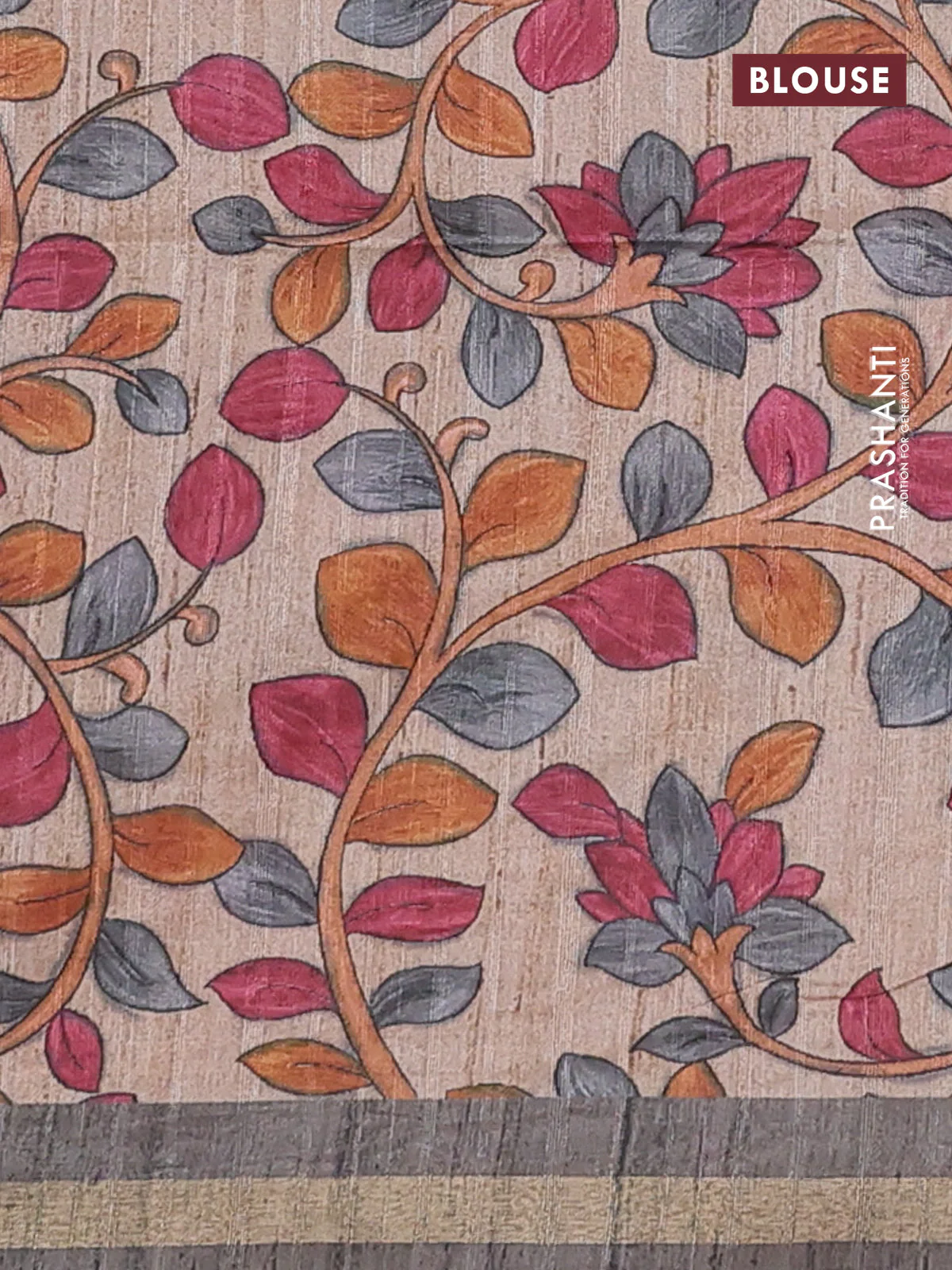 Semi tussar saree grey with bandhani butta prints and kalamkari prints & cut work pallu - Image 4