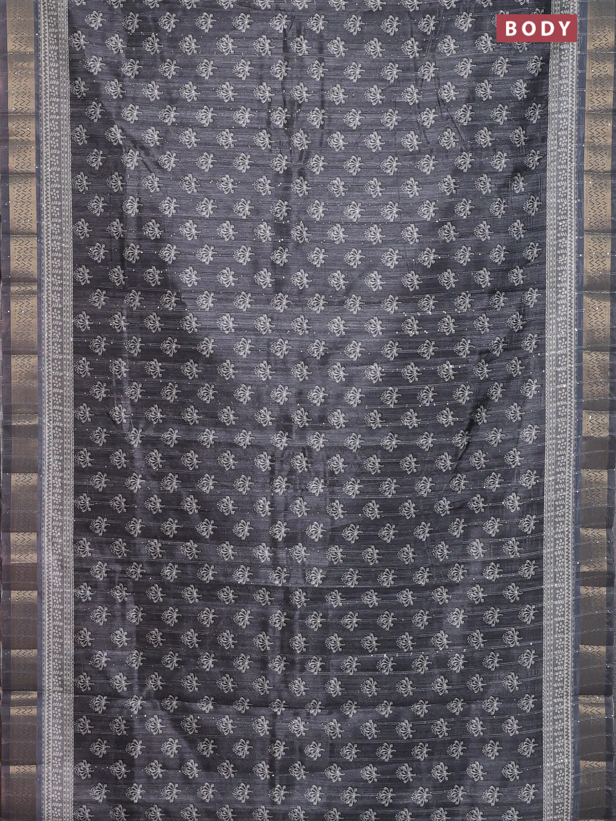 Semi tussar saree grey with butta prints & sequin work and zari woven border - Image 2
