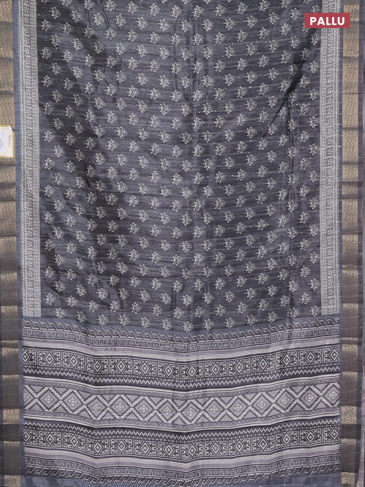 Semi tussar saree grey with butta prints & sequin work and zari woven border - Image 3