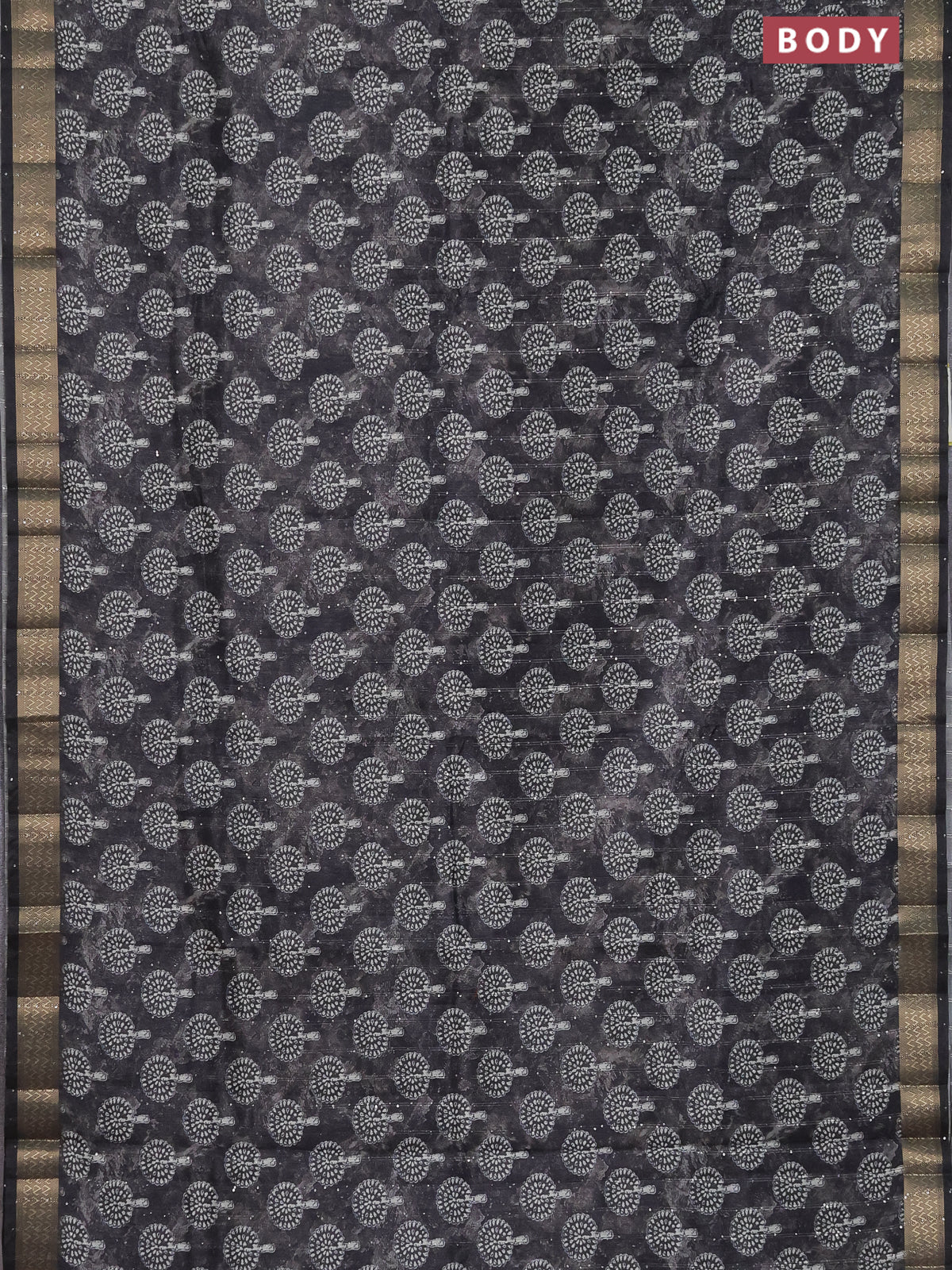 Semi tussar saree grey with butta prints & sequin work and zari woven border - Image 2