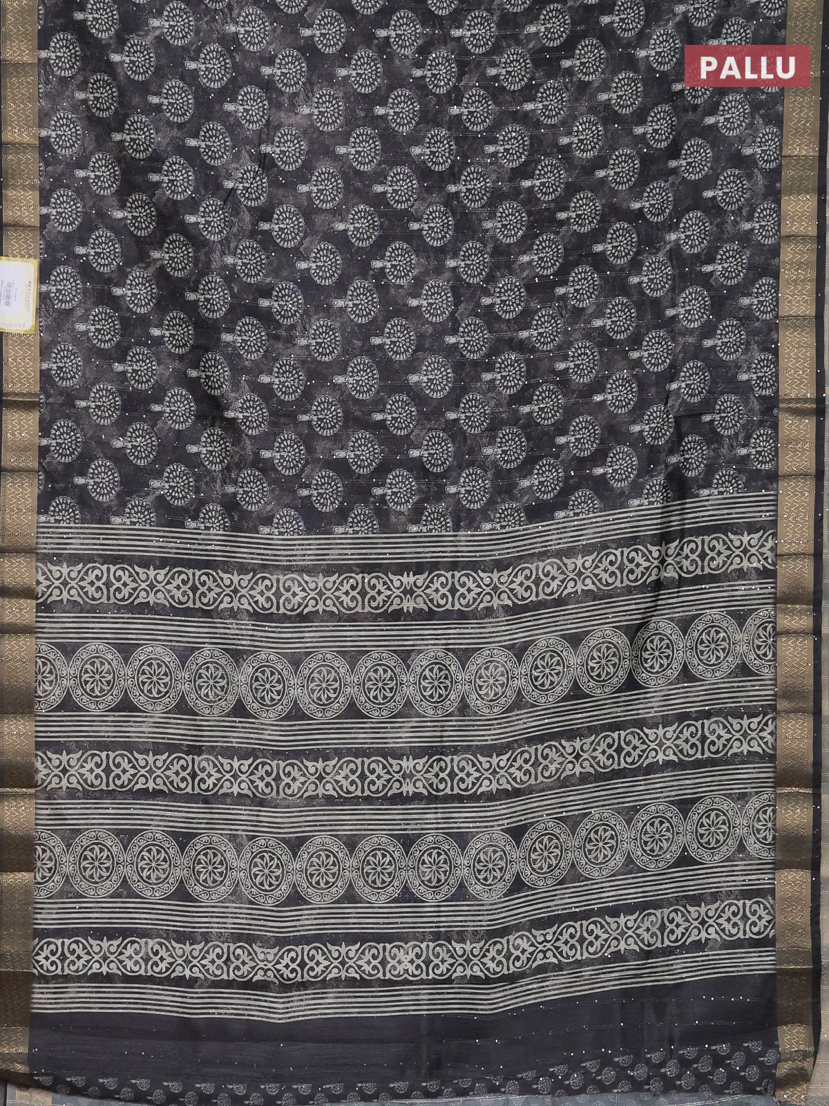 Semi tussar saree grey with butta prints & sequin work and zari woven border - Image 3