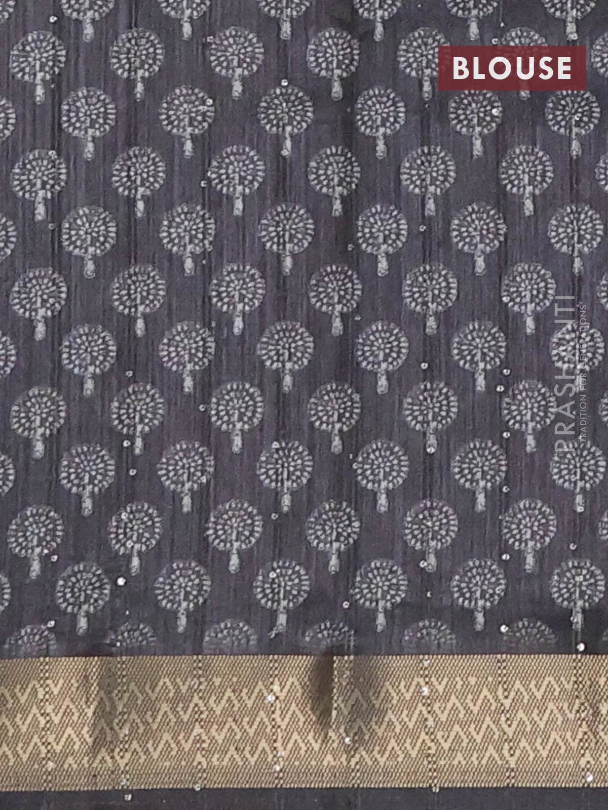 Semi tussar saree grey with butta prints & sequin work and zari woven border - Image 4
