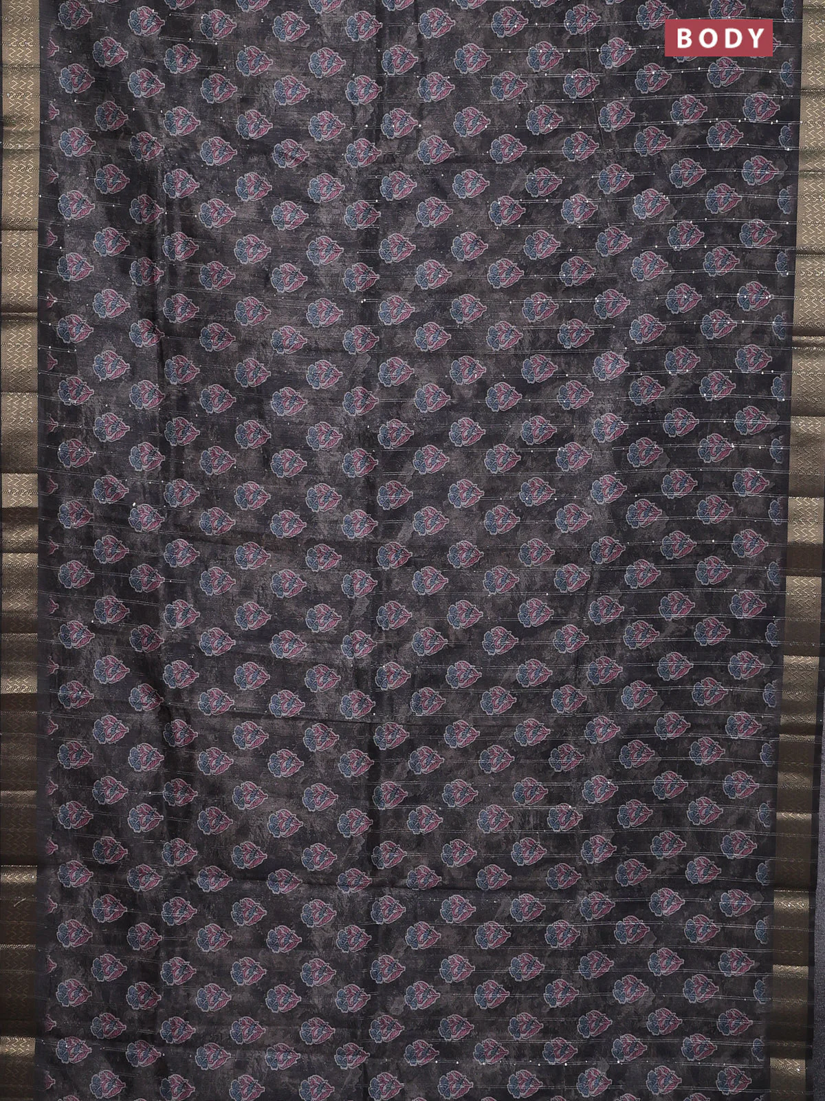 Semi tussar saree grey with floral butta prints & sequin work and zari woven border - Image 2