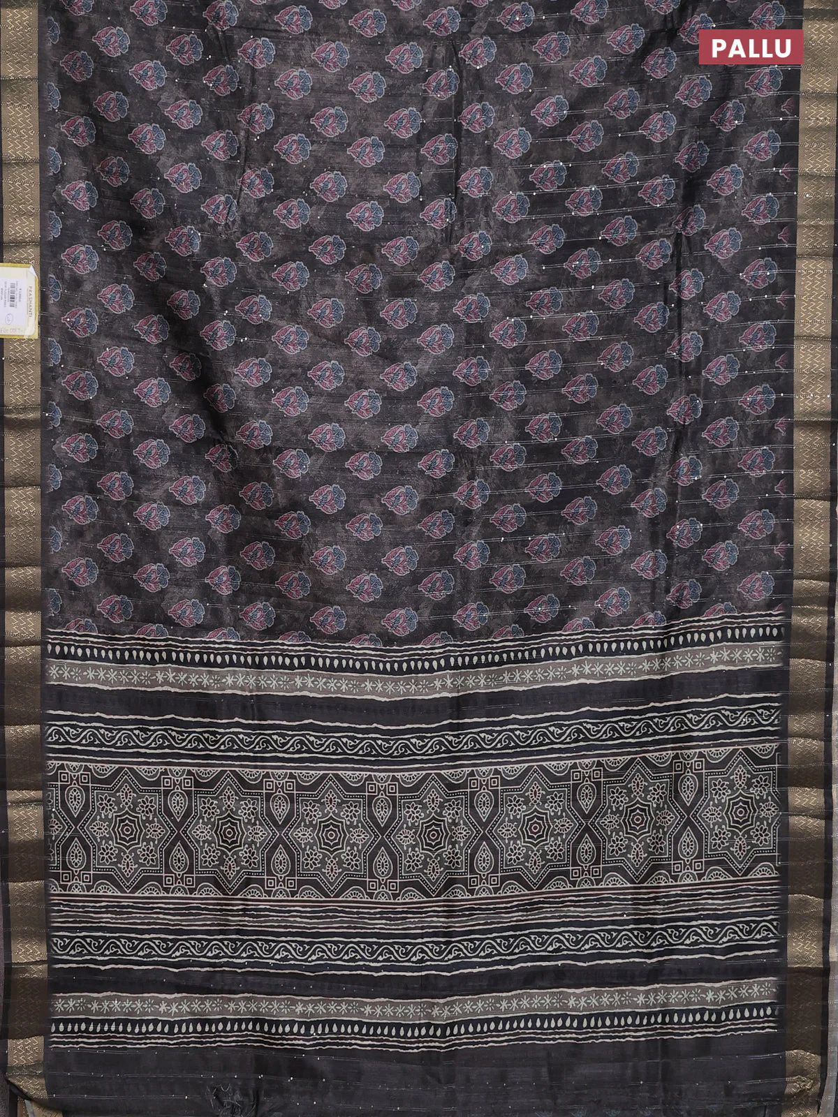 Semi tussar saree grey with floral butta prints & sequin work and zari woven border - Image 3