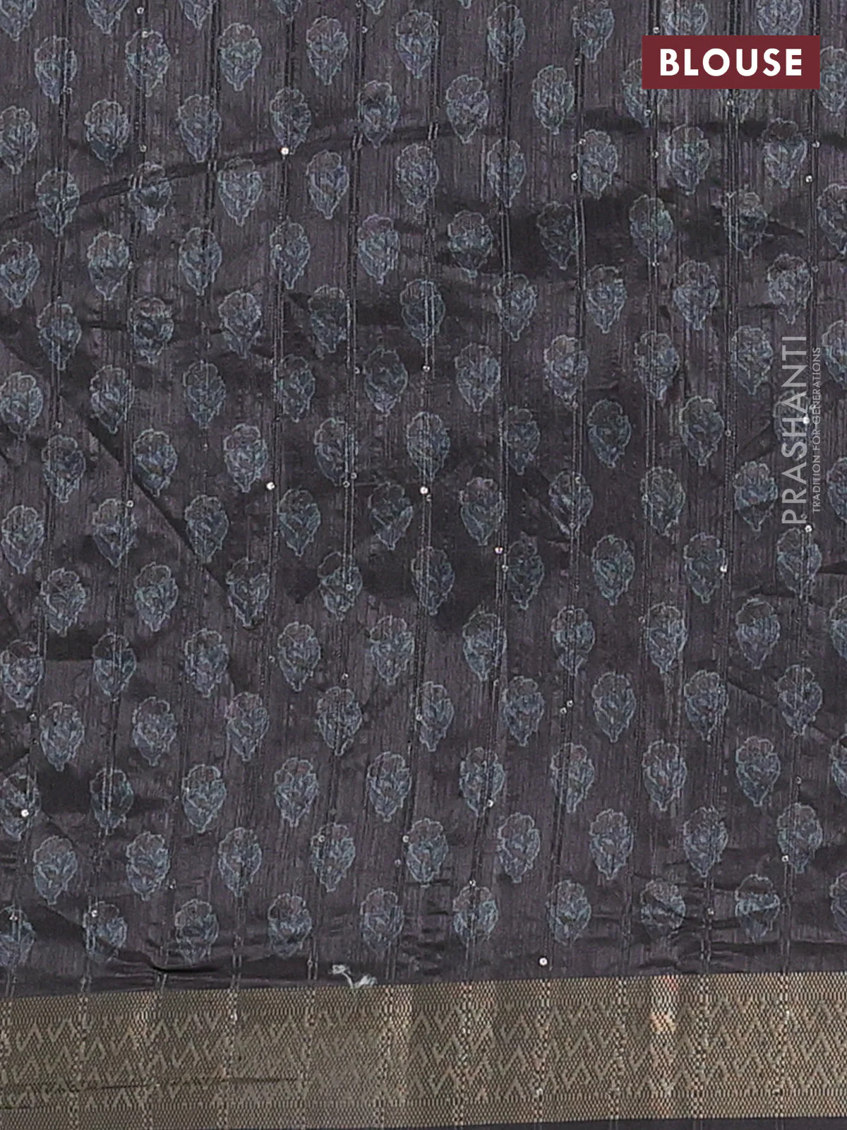 Semi tussar saree grey with floral butta prints & sequin work and zari woven border - Image 4