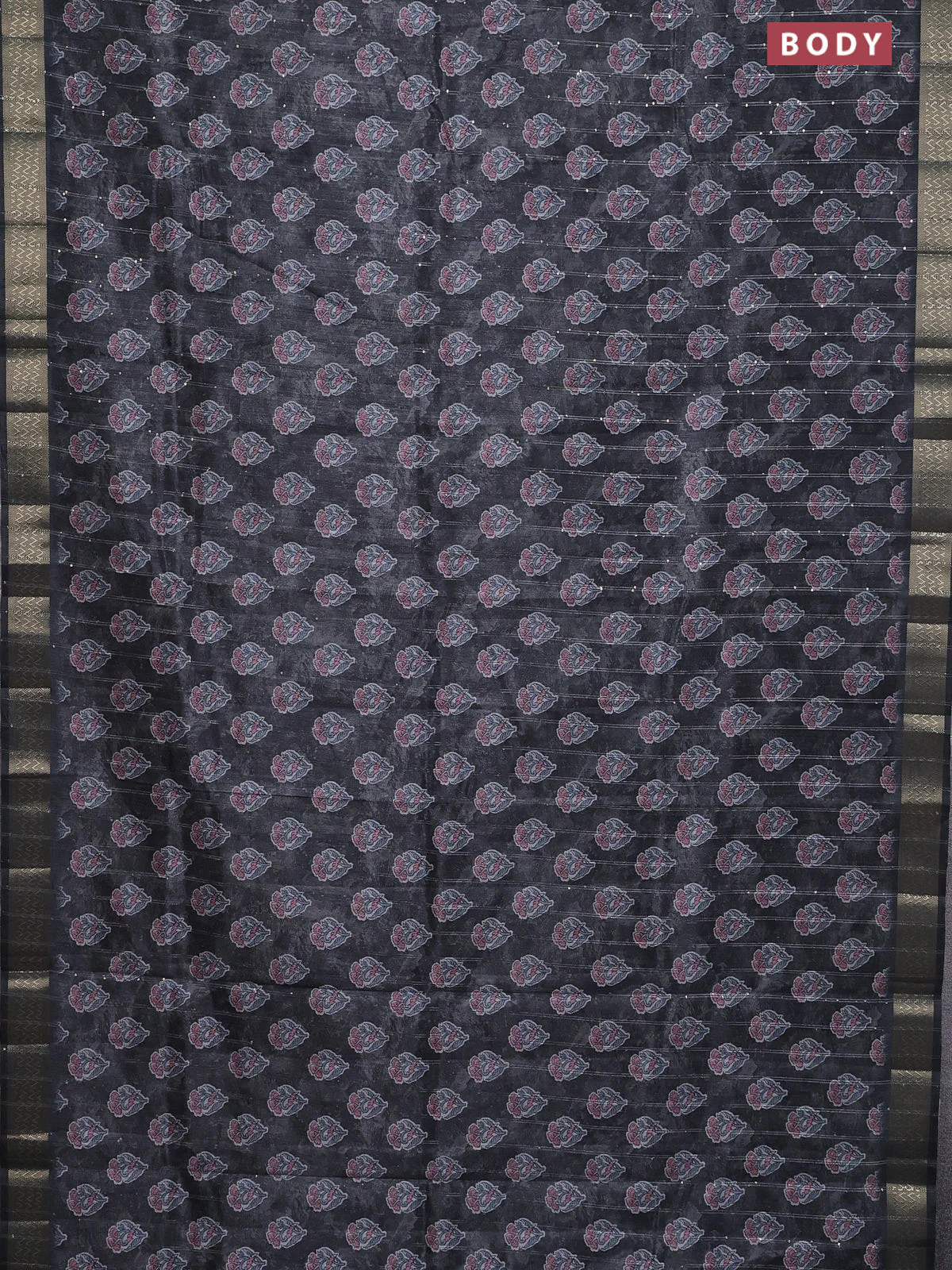Semi tussar saree grey with floral butta prints & sequin work and zari woven border - Image 2