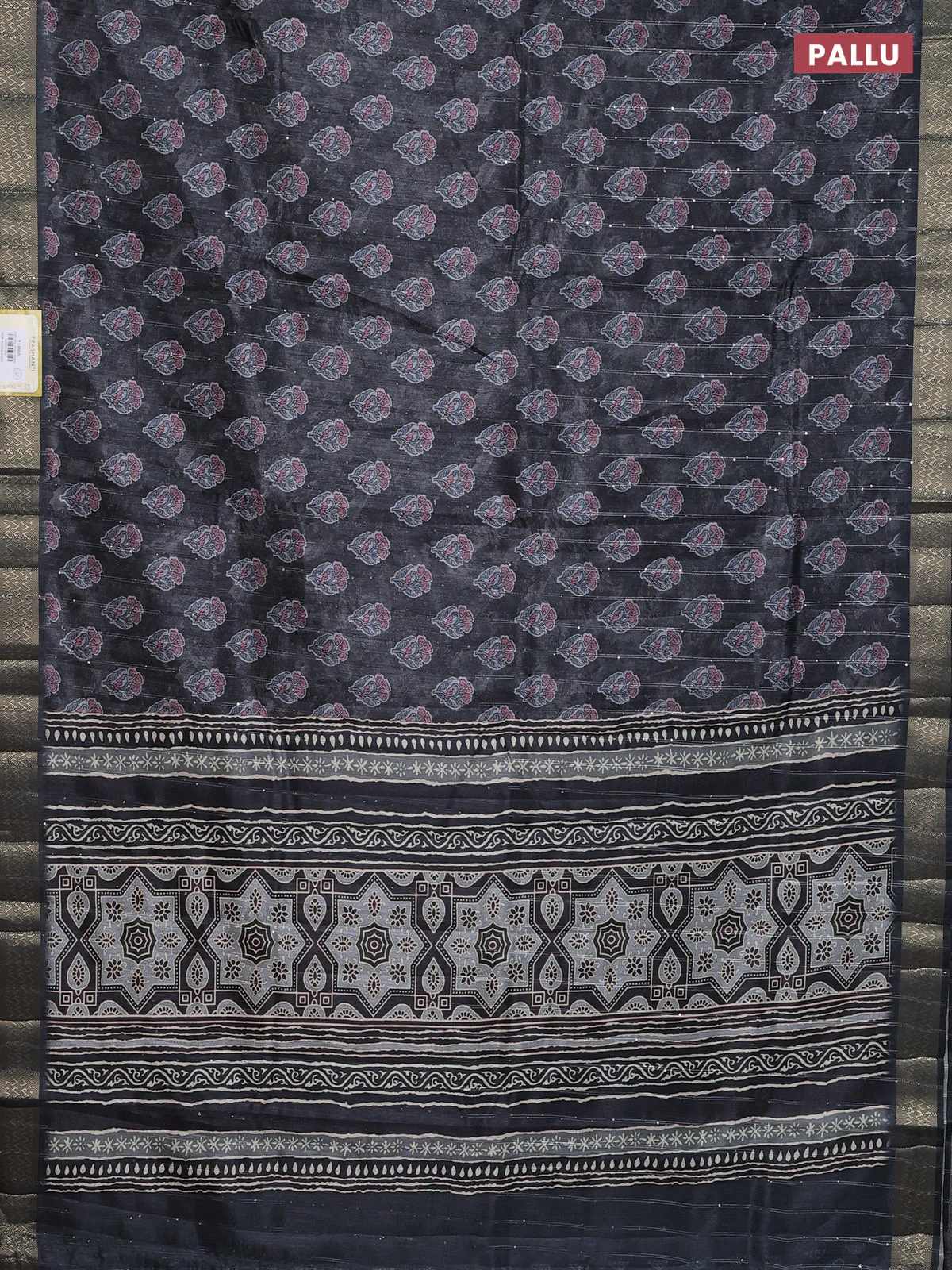 Semi tussar saree grey with floral butta prints & sequin work and zari woven border - Image 3