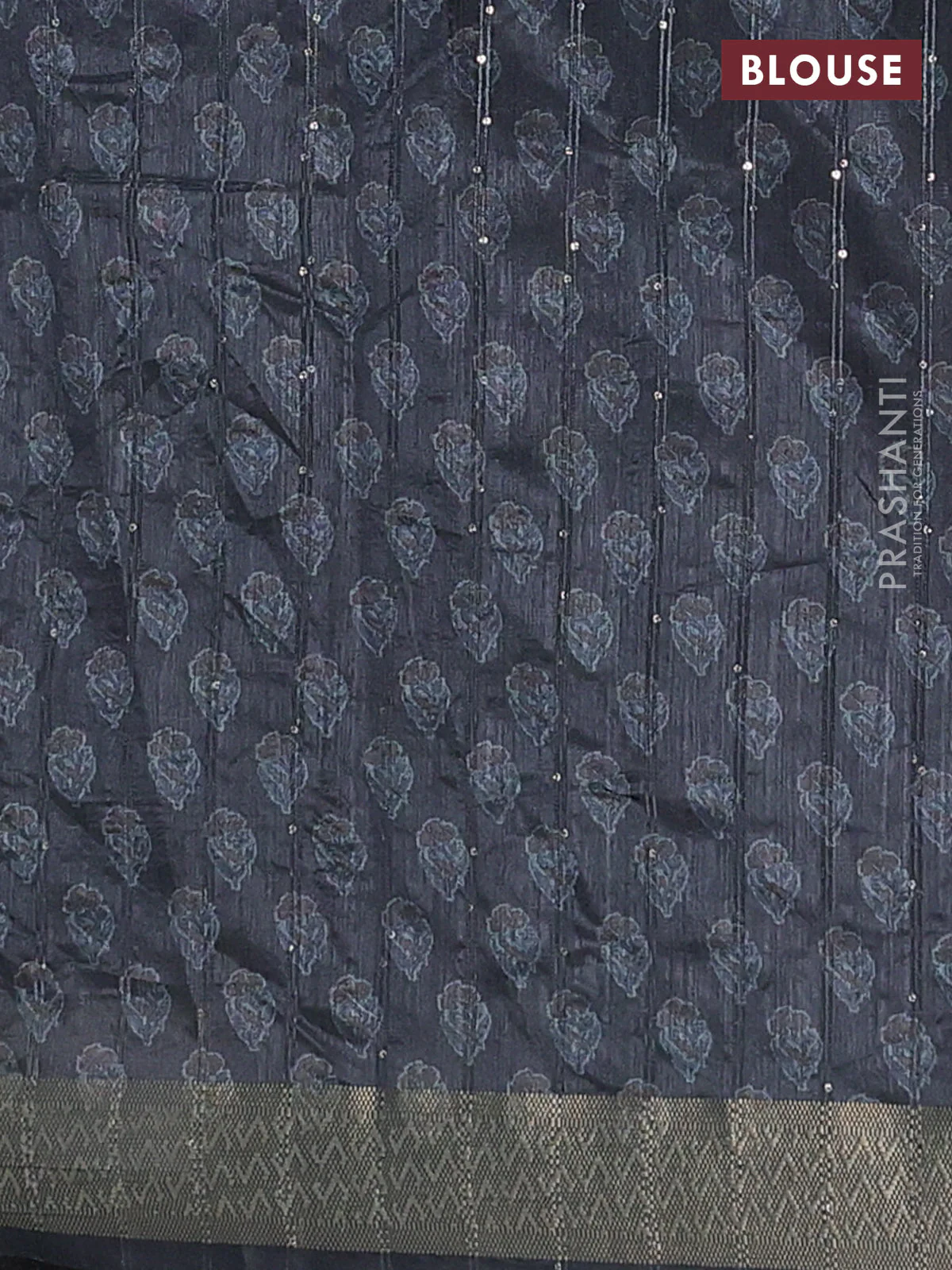 Semi tussar saree grey with floral butta prints & sequin work and zari woven border - Image 4