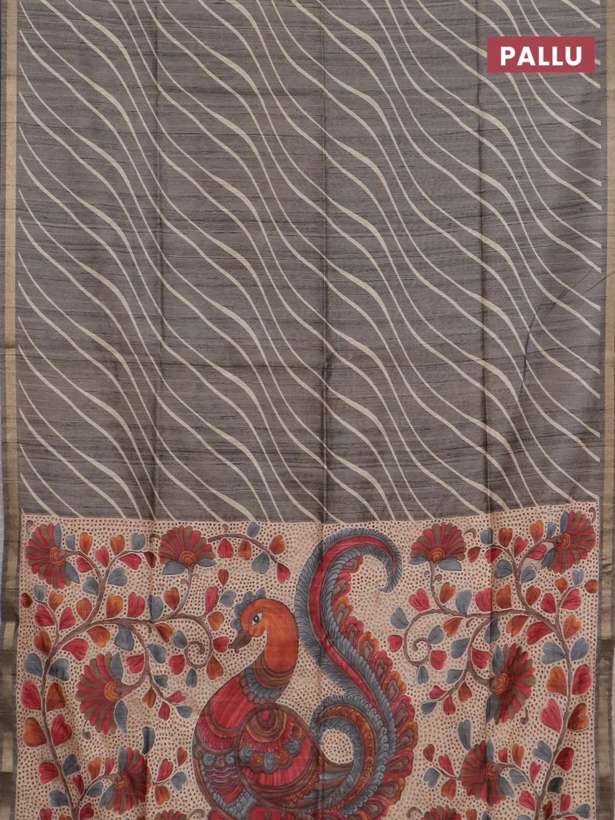 Semi tussar saree grey with leheriya prints and kalamkari prints & cut work pallu - Image 3